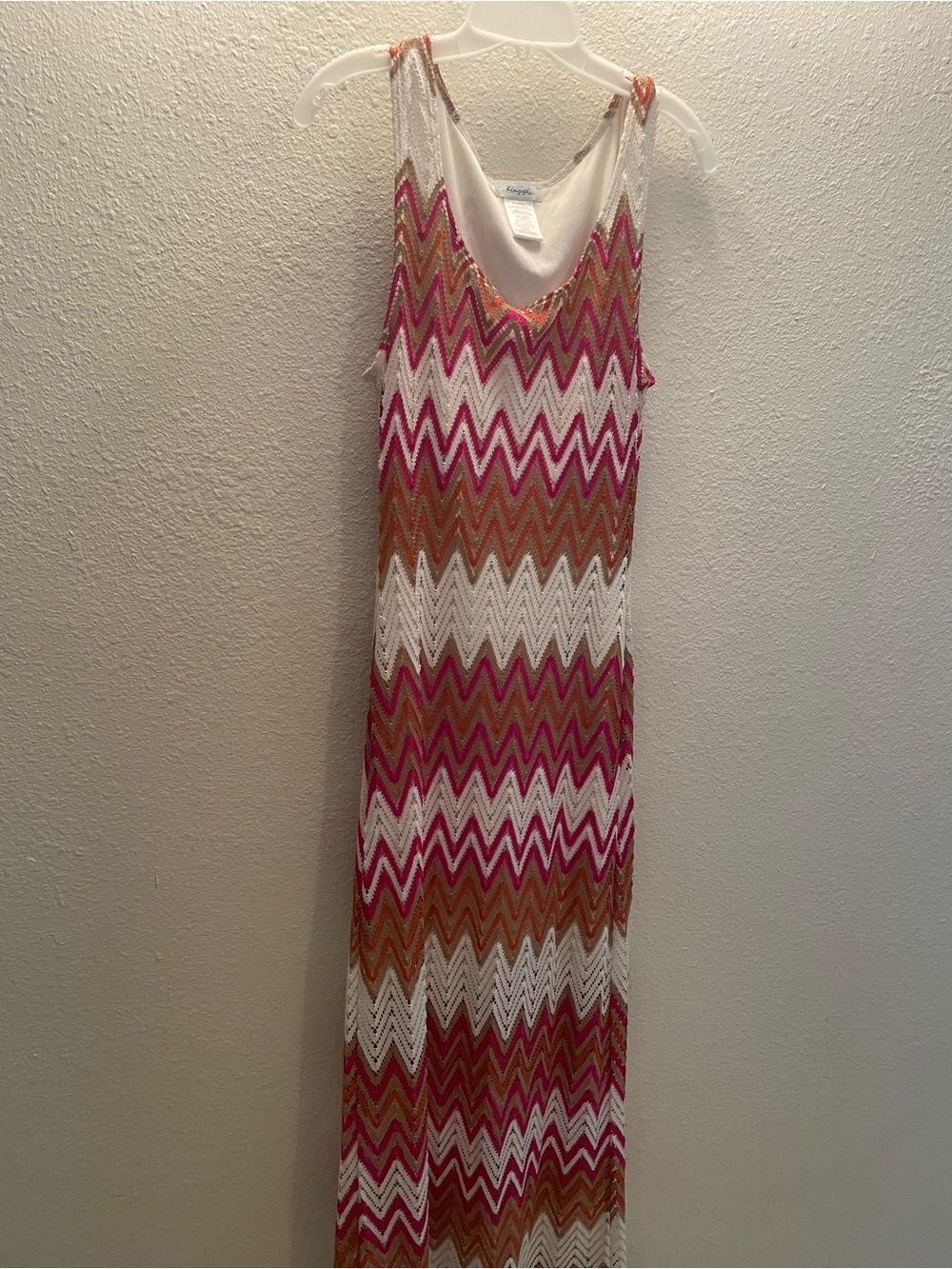 Vintage Sleeveless Zigzag Crochet Maxi Dress - Pink, Cream, Rust and Tan.